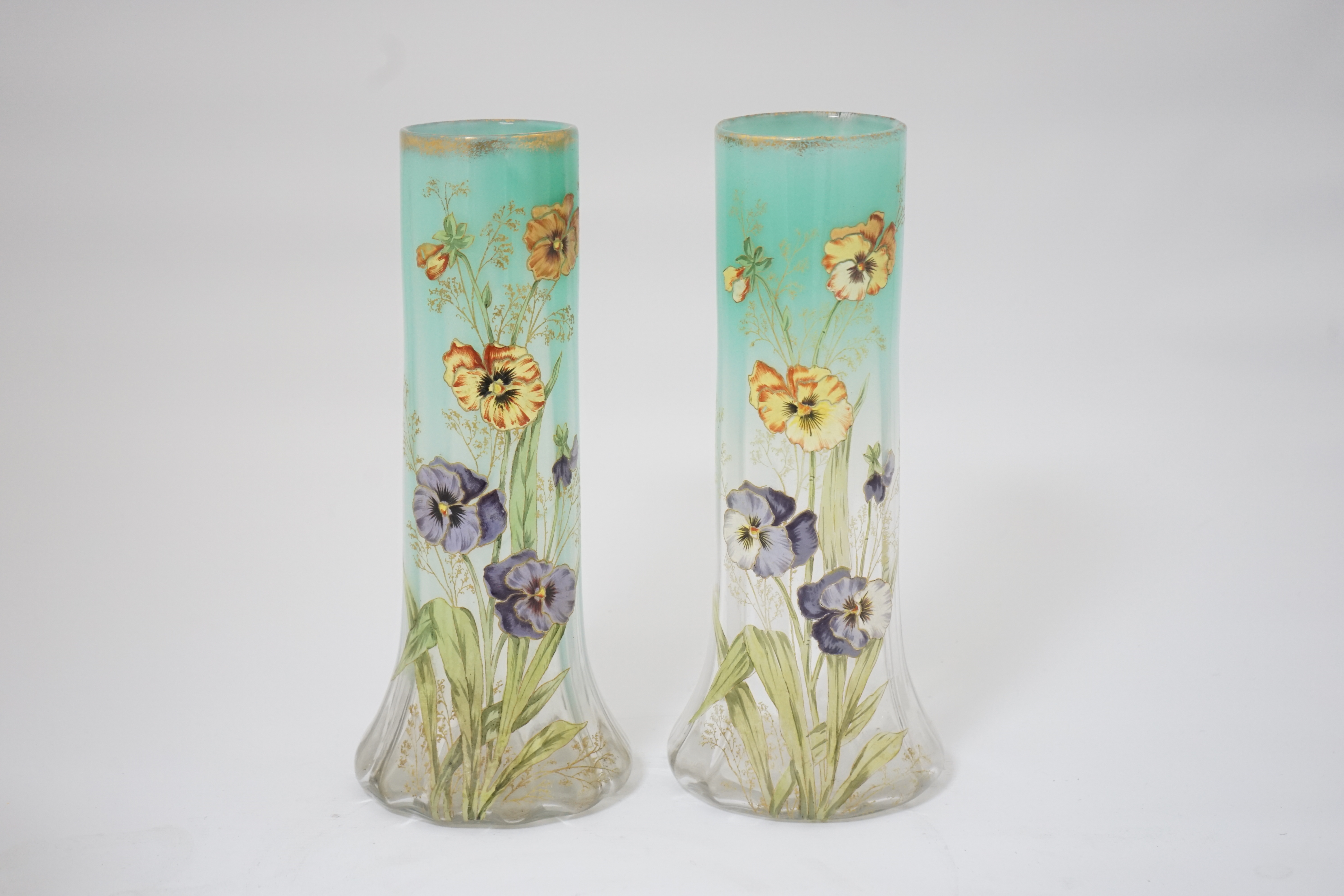 A pair of Bohemian ‘pansy’ enamelled glass vases, Moser, late 19th century, 29.8cm